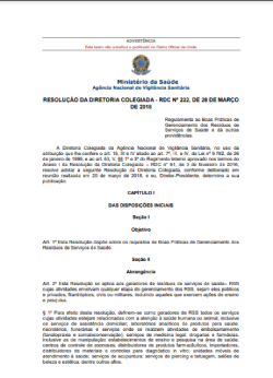 Resolução nº 222 de 2018 - requisitos de boas práticas de gerenciamento dos resíduos de serviços de saúde e dá outras providências